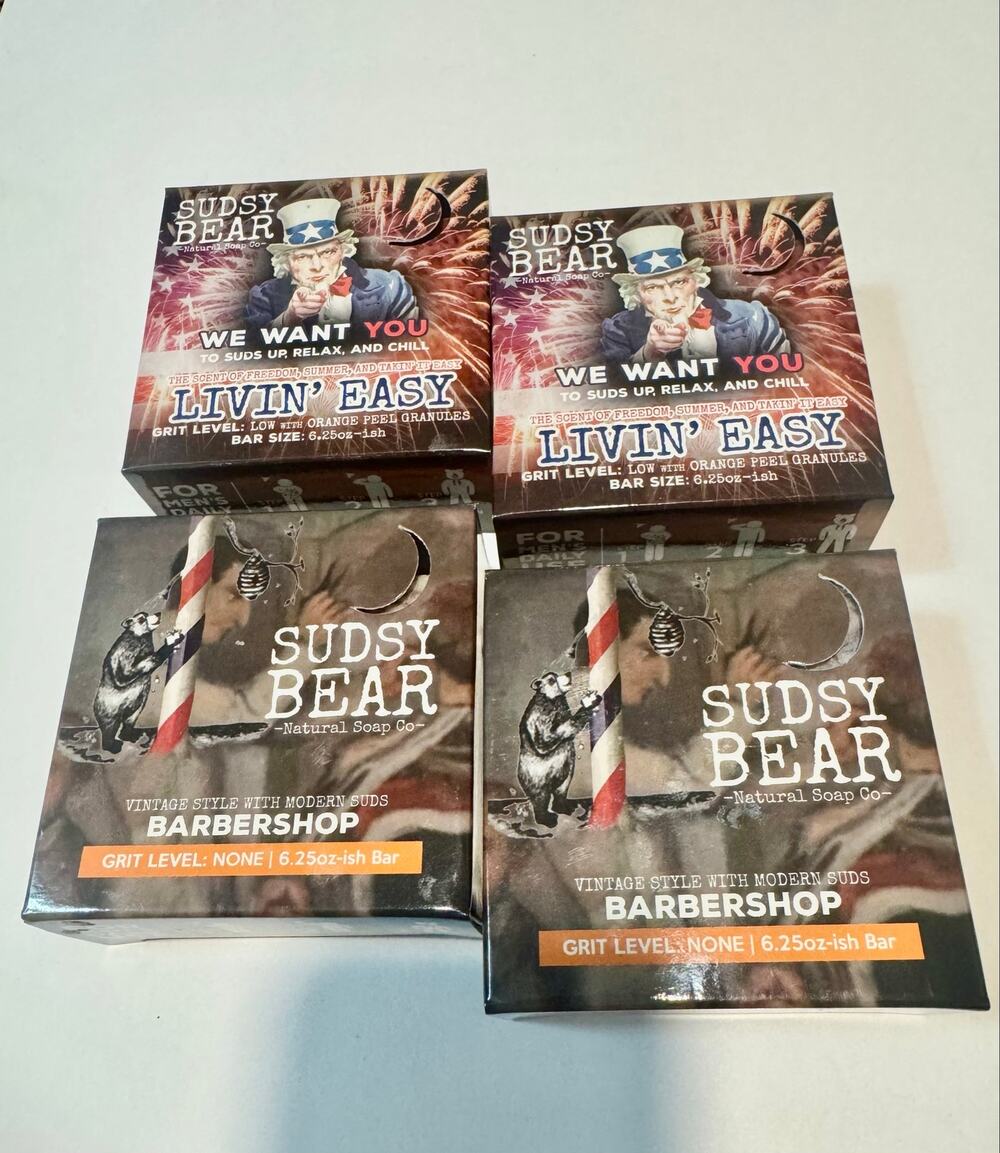 Lot of 4 Sudsy Bear Natural Soap Bars - Livin' Easy & Barbershop New Sealed